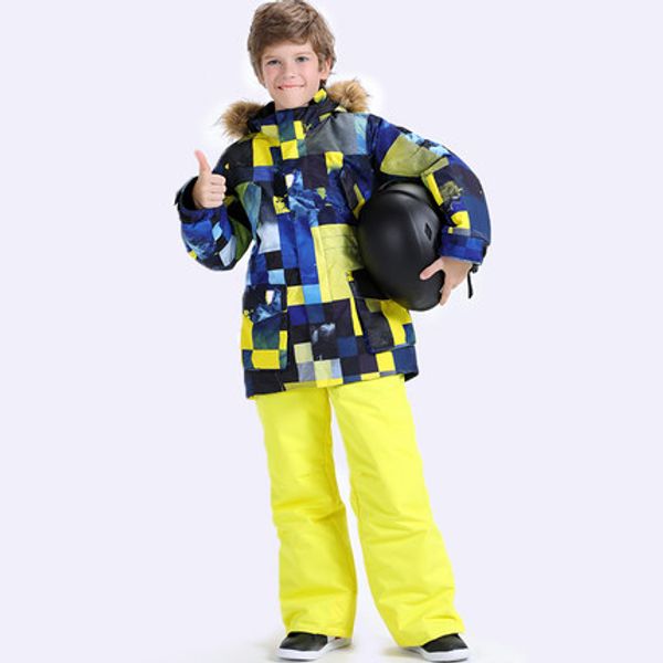 

smn kids ski suit snowboard jacket pant fur hooded boys skiing clothing trouser winter coat windproof waterproof child sport set