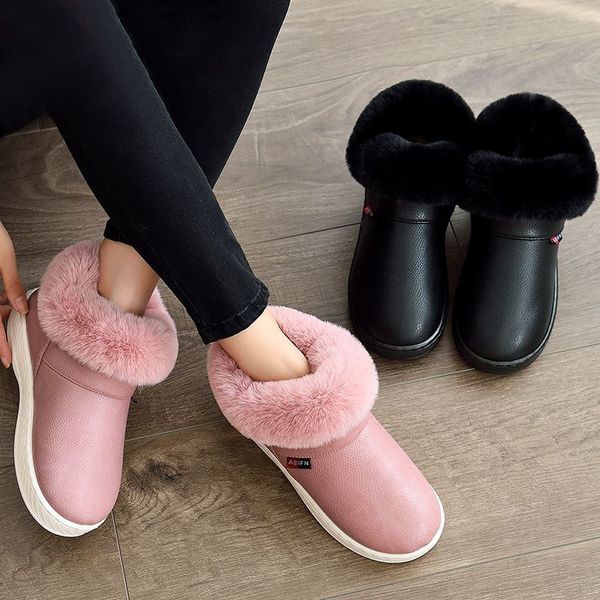 

women boots snow boots winter warm fur ankle couple thick soled cotton shoes woman flats waterproof slip on botas, Black