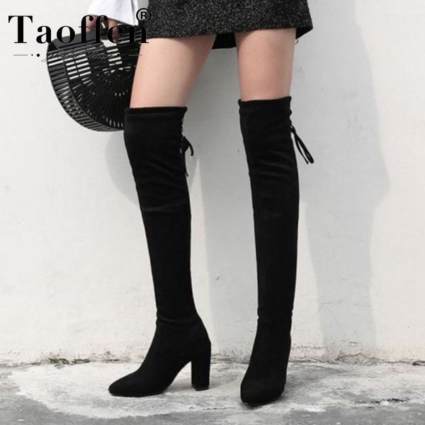 

taoffen plus size 32-46 office ladies over the knee boots winter high heels slip on long boots daily warm fur winter footwear, Black