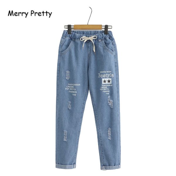

women's jeans merry pretty women pants letter print ripped denim elastic waist pockets straight young ladies girls, Blue