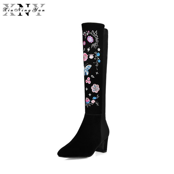 

xiuningyan women boots cow suede knee boots ladies high heel embroider botas mujer winter fashion zipper woman shoes size 34-43, Black