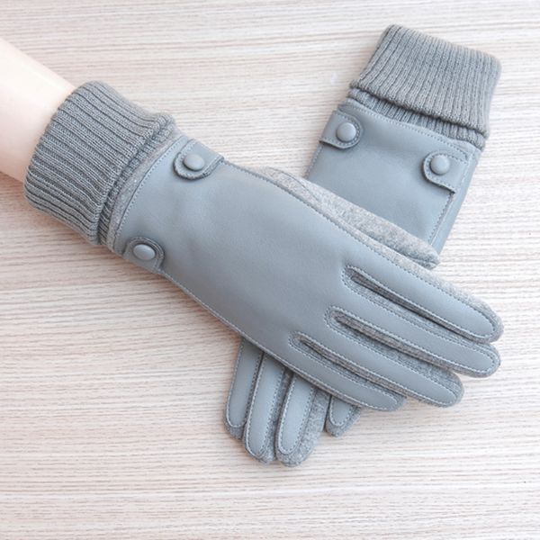 

five fingers gloves winter synthetic leather plus velvet glove black brown woman for riding, Blue;gray