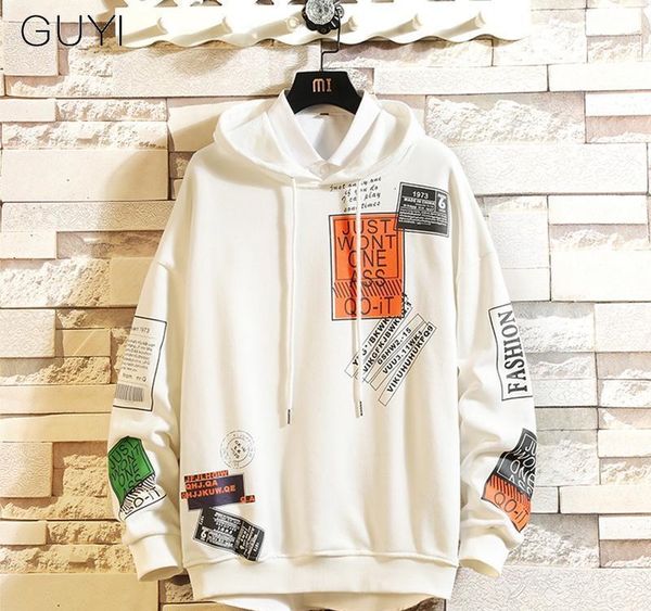 

guyi letter printed hooded men pullover hoodies sweatshirts male harajuku hip hop hipster streetwear white hoodie off 2019 t200116045, Black;brown
