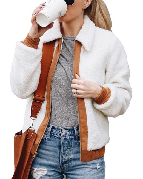 

women's jackets hitmebox autumn winter women long sleeve patchwork zip-up jacket coat soft warm fleece sweater cardigan fuzzy short out, Black;brown