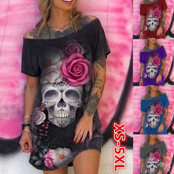 

women horror skull rose floral print loose mini dress terror halloween carnival cosplay scary costume dresses large size 5xl