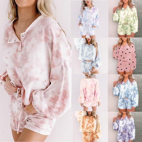 

autumn womens homewears two pieces set tie-dye printing loose pullover t-shirt shorts suit outfit long sleeve lady clothing set, Gray