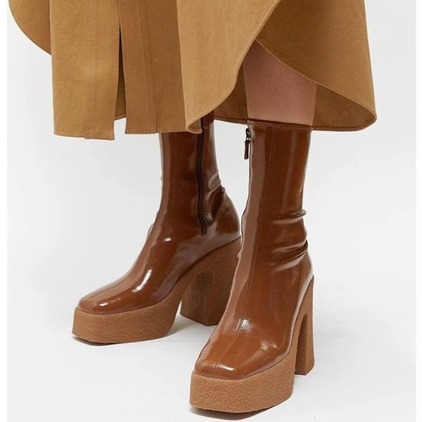 

women ankle boots high square heels zipper square toe fashion black brown gray riding ankle boots warm shoes lj201030
