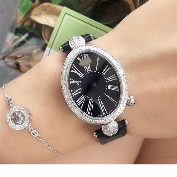 

oval luxury women designer watches diamond iced out lady watch fashion genuine leather strap quartz wristwatches christmas birthday gift, Slivery;brown