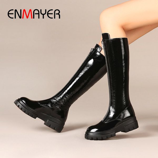 

enmayer 2020 genuine leather knee high boots lace-up round toe riding boots patent leather women winter shoes size 34-42, Black