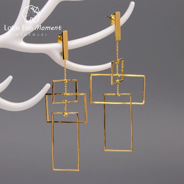 

лотос fun moment real ювелирные изделия стерлингового серебра 925 ручной работы мода элементы geometic прямоугольный дизайн мотаться серьги, Silver