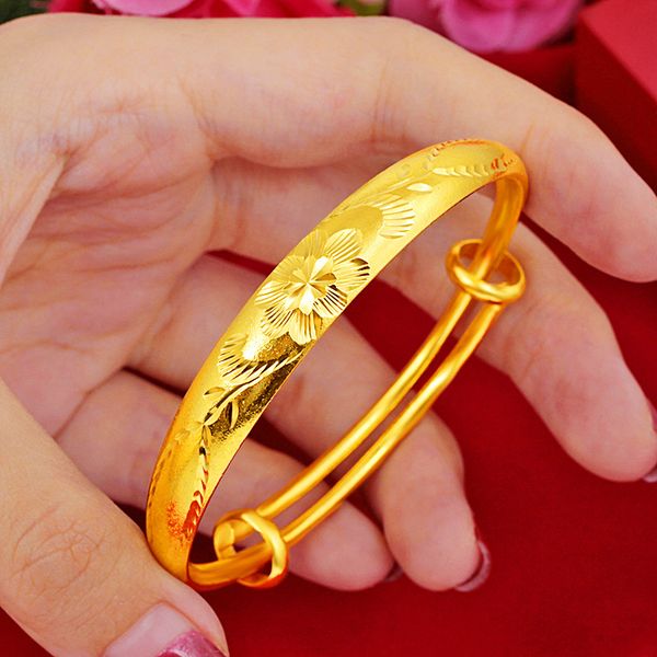 

carved flower bangle yellow gold filled simple womens bracelet adjustable, Black