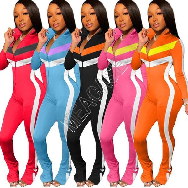 

designer women bodysuit jumpsuits patchwork rompers zipper long sleeve stand collar legging pants jumpsuits onesies jumpsuit d82008, White