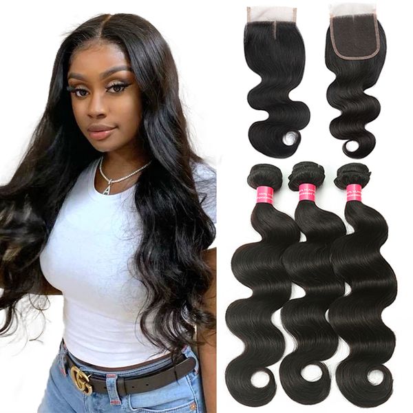 

brazilian body wave with lace closure brazilian human hair weave 3 bundles with 4x4 closure unprocessed brazilian virgin hair weave, Black