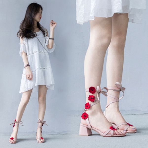 

bohemian summer sandals female fairy wind flower with fashion thick with straps small fresh girl high heels, Black