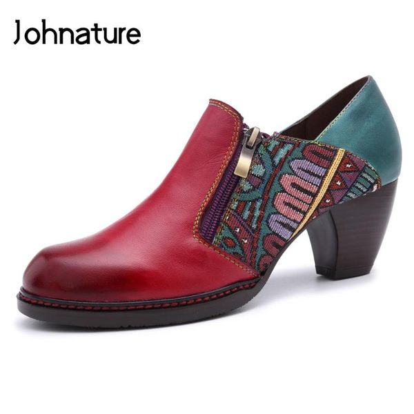 

johnature pumps women shoes 2020 new autumn retro handmade genuine leather comfortable round toe casual high heels ladies shoes, Black