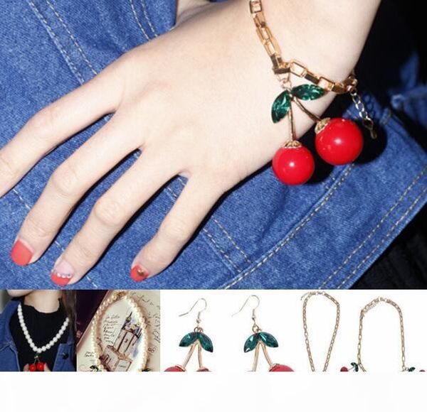 

frozen cherry dangle earrings necklace bracelet lovely red fruit ear stud crystal rhinestone fashion charm earrings necklace bracelets, Silver