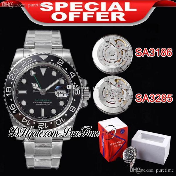 

gmf gmt ii a3186 a3285 automatic mens watch black ceramic bezel black green dial steel oyster bracelet (correct hand stack) puretime 3c, Slivery;brown