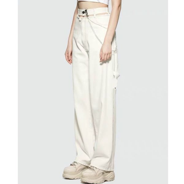 

womengaga metal chain hollow-out high waist vertical denim fashion wide leg pants straight pants casual loose womens t6t9, Black;white