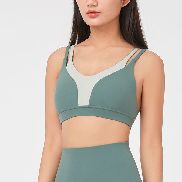 

nude feel spliced fake two sports bra double shoulder straps yoga fitness beauty back push up workout bra activewear, White;black