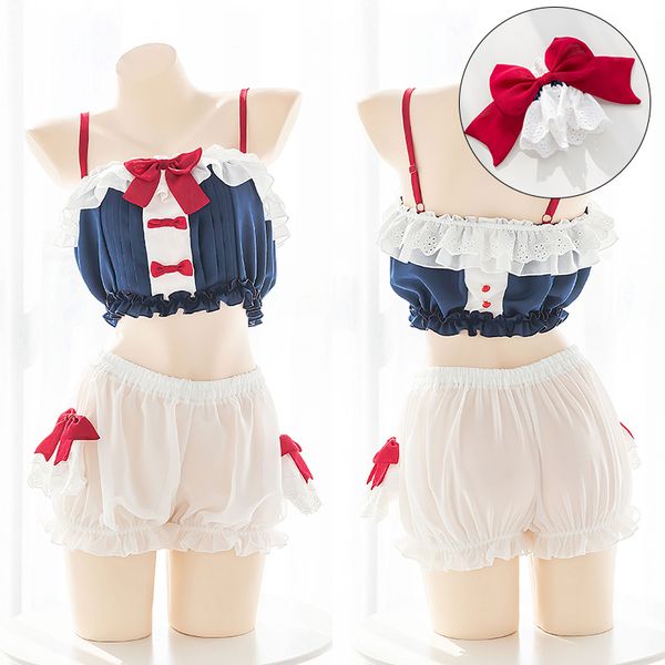 

chiffon cute micro transparent bow ruffles vest underwear set sweet lolita wrapped chest bloomers shorts camisole lingerie suit, Red;black