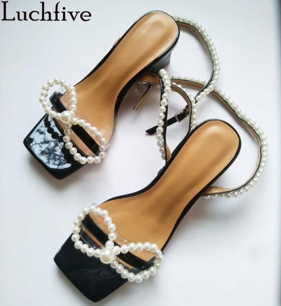 

pvc bow pearl embellished designer sandals woman square toe chunky heels shoes 2020 summer bridal party shoes women mujer, Black