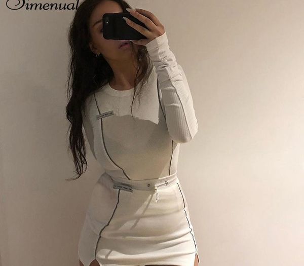 

simenual casual fashion reflective striped two piece outfits women long sleeve and mini skirt sets 2020 white matching set t200722, Gray