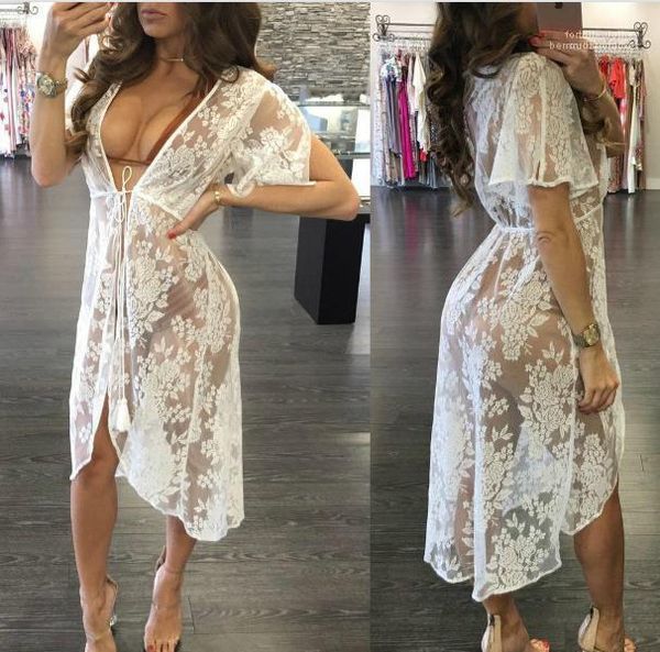 

v-neck see through summer beach smock dress women black white lace floral dresses deep, Black;gray