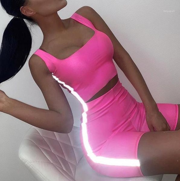 

tracksuits 3m reflective crop shorts 2pcs clothing sets skinny slim fit candy color summer suits women designer, Gray