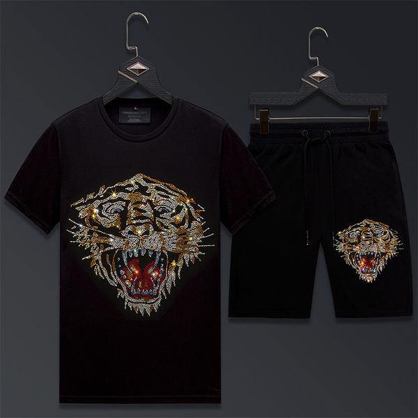 

summer suit men's tiger mercerized cotton t-shirt men's short sleeve diamond fashion brand fashion large size t-shirt social peopl, White;black