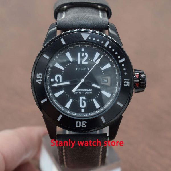 

bliger 43mm black dial white marks ceramic rotating bezel pvd coated case luminous date miyota automatic movement mens watches, Slivery;brown