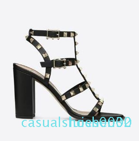 

designer pointed toe studs patent leather rivets sandals women studded strappy dress shoes valentine 10cm 6cm high heel shoe c30, Black