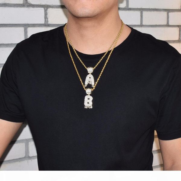 

custom name crown bail drip letters necklaces men's initials letters pendant cubic zircon hip hop jewelry with rope chain, Silver