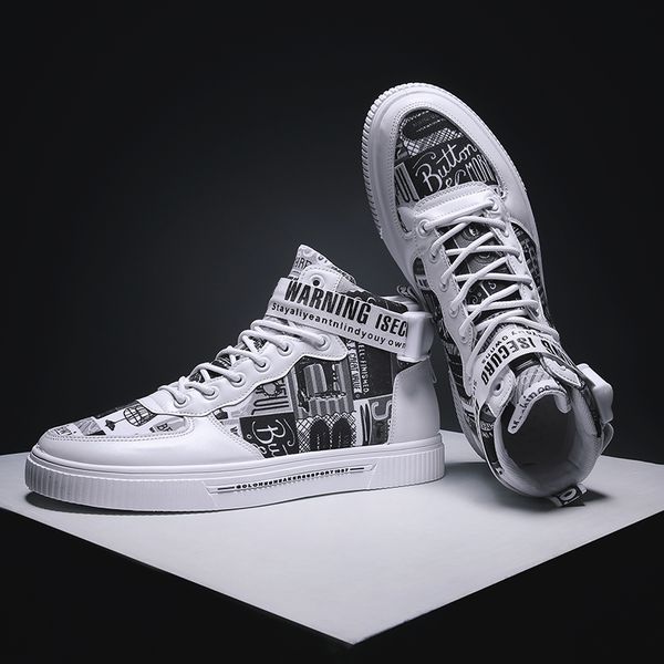 

men shoes graffiti casual shoes for man pu leather high mens light sneakers fashion comfortable 5, Black