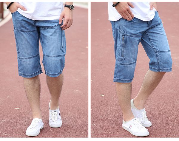 

male straight jeans loose plus size casual summer patchwork multi-pocket 100% 7 thin cotton shorts, Blue