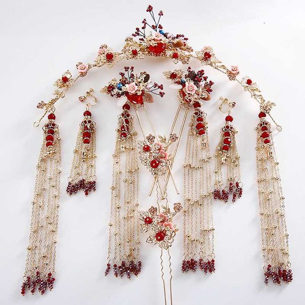

2020 new chinese red beads wedding bride headdress gold costume complete set brides hair accessories, Golden;silver