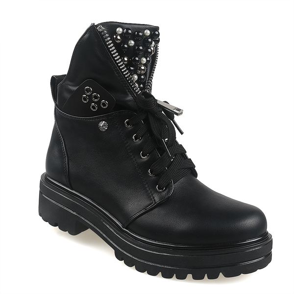 

women short boots 2020 ladies leather ankle boots autumn platform motorcycle shoes for woman's punk winter pearl rivet fashion, Black