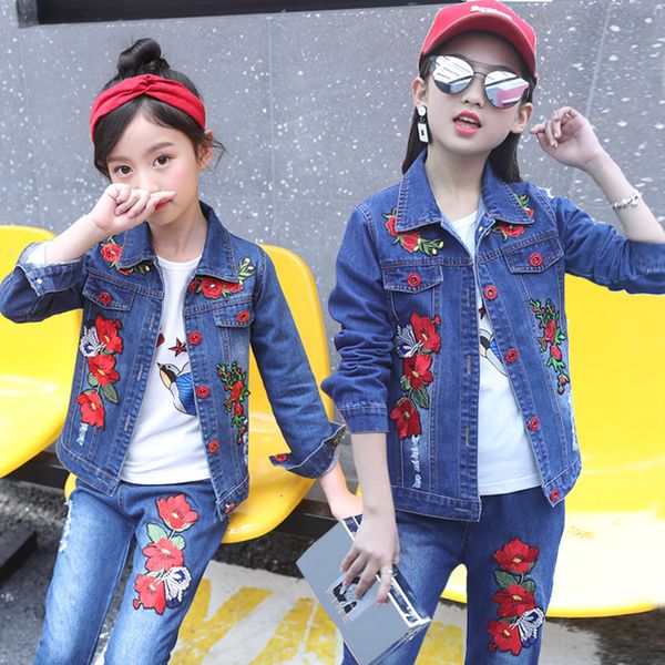 

вышитые цветочного дизайна дети осени весны с длинным рукавом outfit fashion girl жан дети джинсовая одежда single jacket y200901, Blue;gray