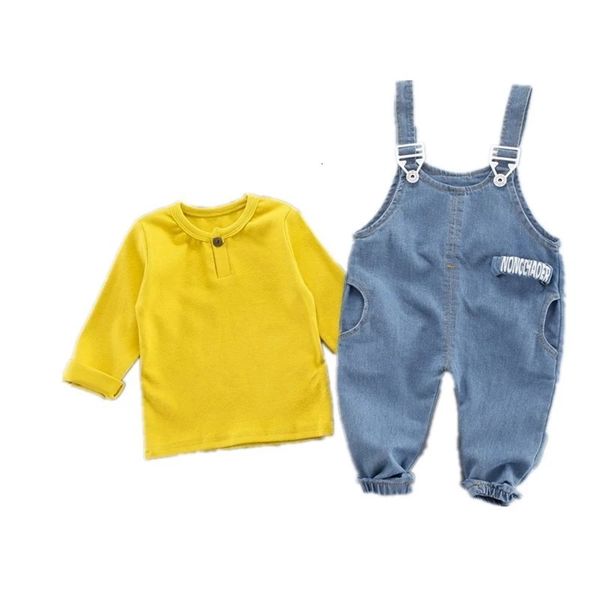 

весна осень дети повседневная одежда костюм baby boy girls solid color t-shirt denim комбинезоны 2pcs / наборы малышей хлопка одежды, White