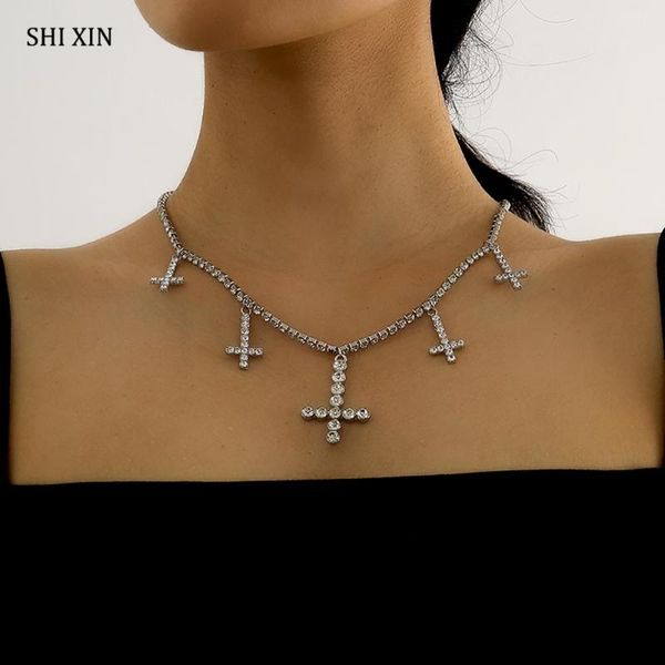 

shixin hip hop shiny crystal choker colar with cross pendants necklace for women punk short choker necklaces rhinestones jewelry, Golden;silver