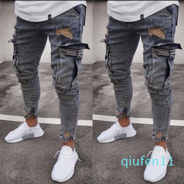 

new fashion washed jeans mens ripped skinny jeans destroyed frayed slim fit denim pocket pencil pant size s-2xl, Blue