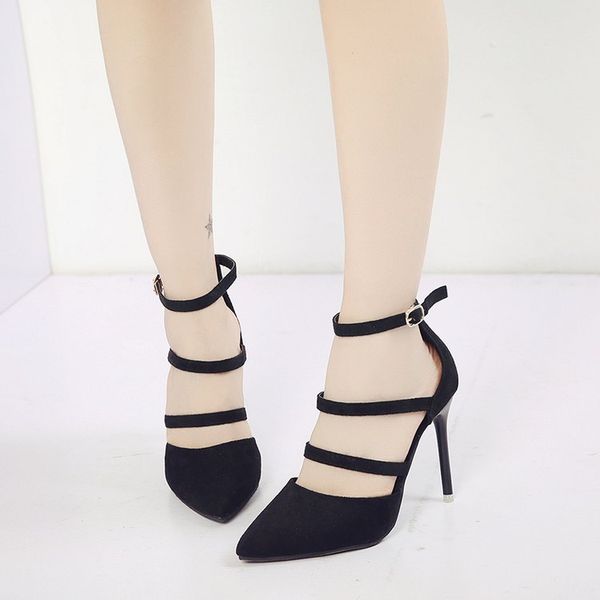 

spring/summer 2020 europe and the united states new pointed high-heeled shoes fine heel suede strap shoes women, Black