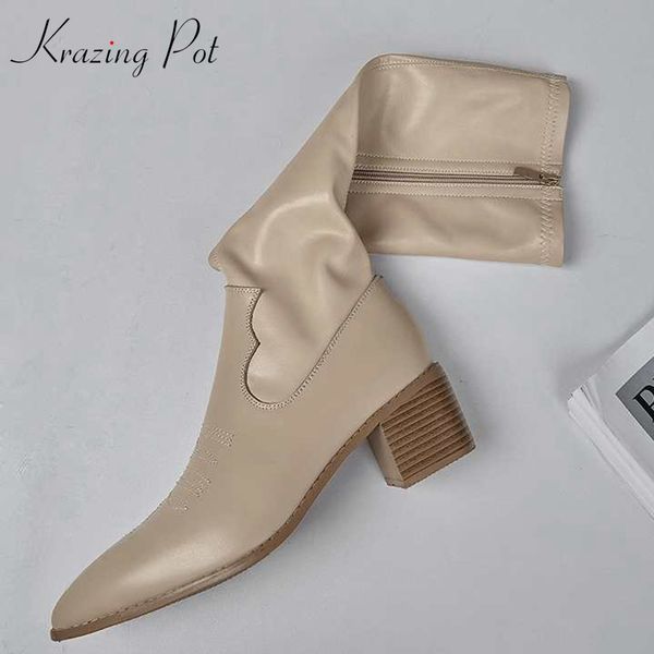

krazing pot 2020 cow leather pointed toe keep warm knee-high-boots street show wooden high heel embroidery thigh high boots l64, Black