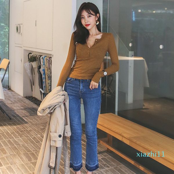 

spring autumn women cotton t long sleeve white tee shirt femme female slim deep v neck knitted fashion clothes