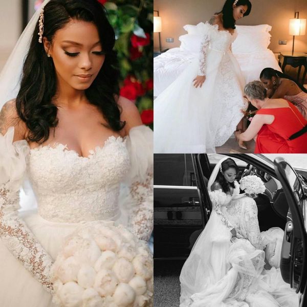 

2021 long sleeves mermaid wedding dresses off the shoulder lac applique overskirt ruffles custom made wedding gown vestido de novia, White