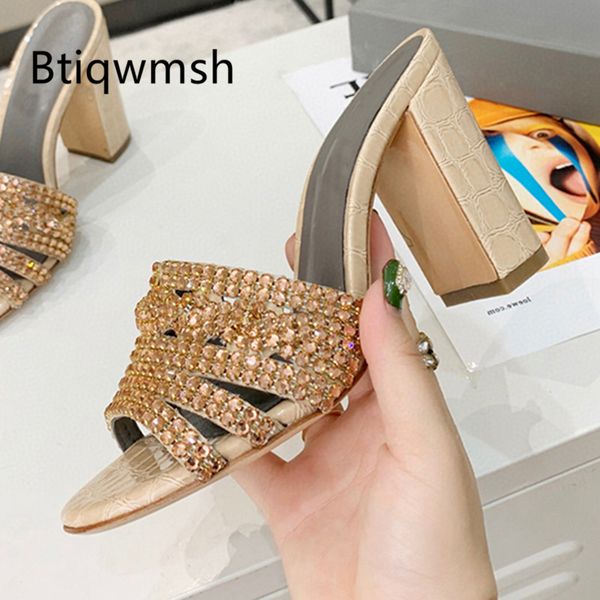 

2020 rhinestone mules slippers women peep toe crystal diamond 10cm heels shoes woman party shoes, Black