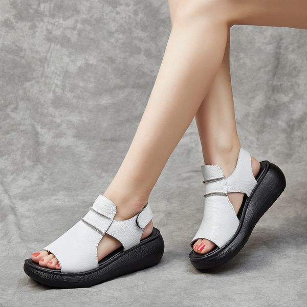 

2020 summer thick bottom high flat platform sandals for women genuine cow leather fashion wedges peep toe women sandals, Black