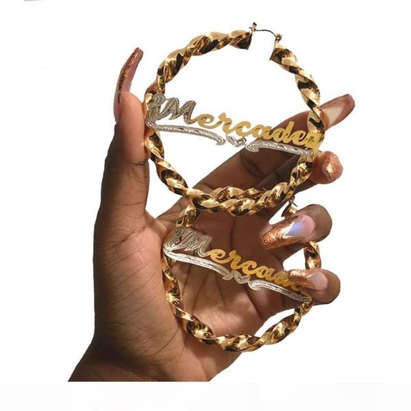 

3umeter hiphop bamboo hoop earrings customizable customize name earrings bamboo style custom statement for gifts, Golden;silver