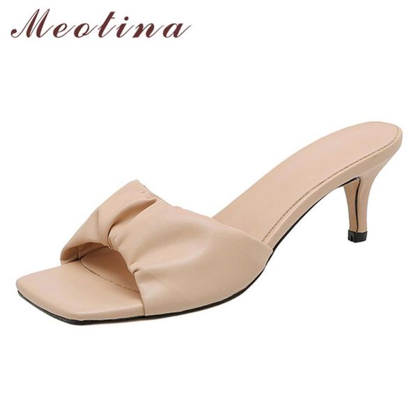

meotina pleated real leather high heel slippers women slides square toe stiletto heel ladies sandals summer sweet women shoes, Black