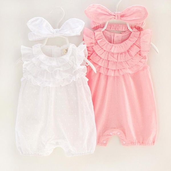 

clothing sets dhl 20set pretty girl outfits lace ruffle sleeve romper solid jumpsuit bow headband 2pcs baby 0-8m, White