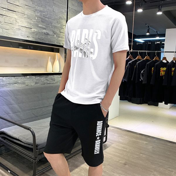 

новые мужские тонкие футболки случайные шорты сплошной цвет письмо печати круглый молодость шеи костюм дна рубашки тенденции моды двухсекцио, Gray